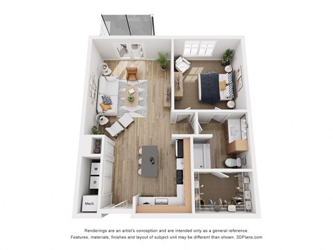 Floor plan for 1 bed, 1 bath, 823 sqft